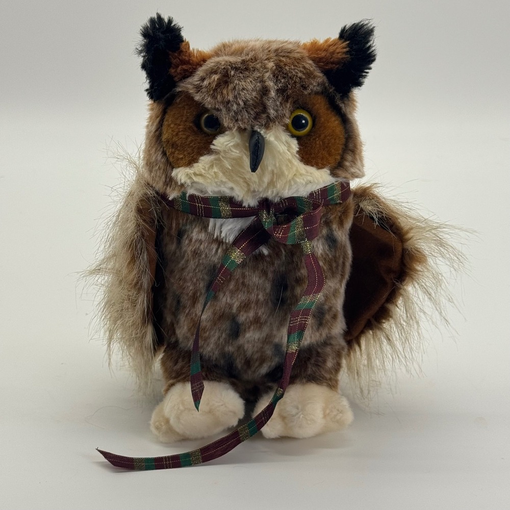 Douglas The Cuddle Toy Great Horned Owl Plush Brown Bird Plaid Ribbon 0060